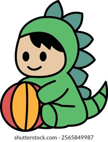 A cartoon of a baby dinosaur wearing a green costume and holding a red ball. The baby dinosaur is smiling and he is happy