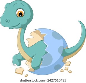 Cartoon baby diplodocus hatching from egg of illustration