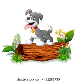 Cartoon baby dog on tree trunk
