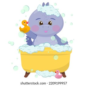 Cartoon baby dragon bathes with a yellow rubber duck in soap bubbles