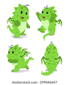 Cartoon baby dragon in different poses isolated on white.