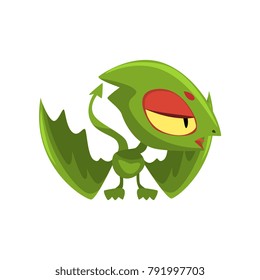 Cartoon baby dragon licking his wing. Colorful character of mythical creature with big head, eyes and long tail. Flat vector design for sticker, mobile or computer game