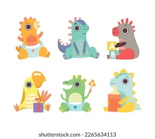 Cartoon Baby Dragon as Newborn Creature Playing and Having Fun Vector Set