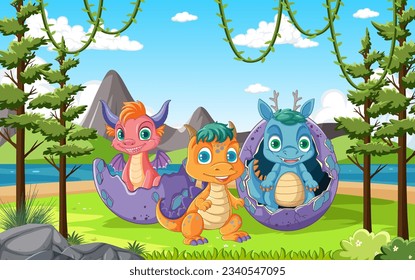 A cartoon baby dragon playing in an egg surrounded by a prehistoric nature background