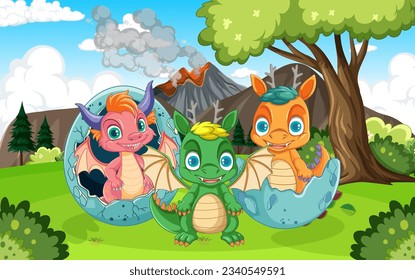 A cartoon baby dragon playing in a prehistoric egg against a nature background