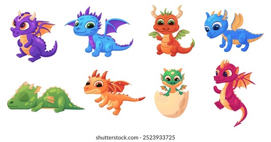 Cartoon baby dragons. Fairytale magic dragon children, cute fire breathers creatures with wings and horns. Medieval animal nowaday vector characters