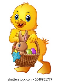 Cartoon baby duck carrying little rabbit and eggs in a basket