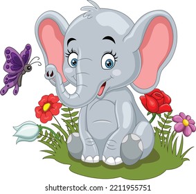 Cartoon-Elefant mit Schmetterling im Gras