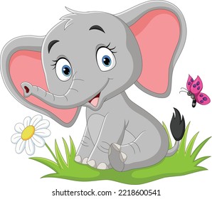 Caricatura de elefante bebé con mariposa en la hierba