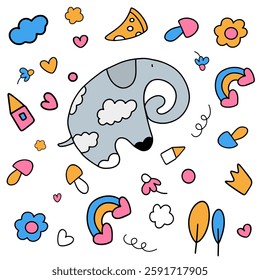 Cartoon baby elephant with clouds surrounded by cartoon elements: house, heart, sun, rainbow, flowers, cheese, mushrooms, crown
