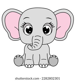 Cartoon Baby Elephant Illustration For Children. Cute Elephant Sitting. Safari Animal Background.