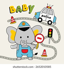 Cartoon baby elephant in police uniform holding stop sign beside police car and traffic lights on winding road. Law enforcement concept

