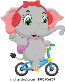 cartoon baby elephant riding a bicycle and waving