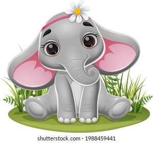 Cartoon baby elephant sitting in the grass