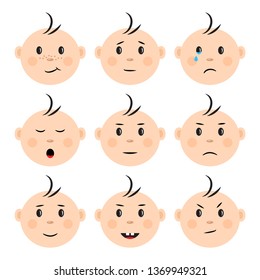 Cartoon baby emoticons. Children faces with different emotions. Vector illustration