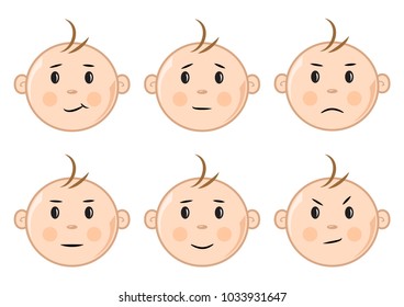 Cartoon baby emoticons. Kids faces with different emotions. Vector illustration