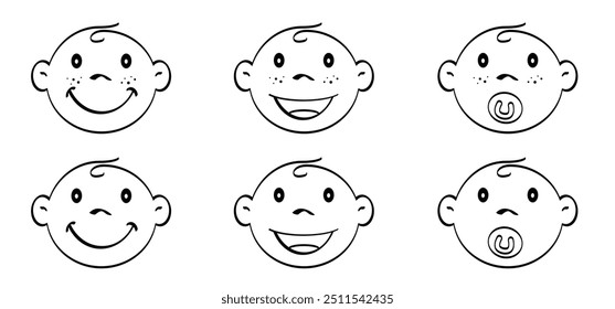 Dibujo de la cara del bebé de la historieta. Dibuje el emblema feliz de la cara del bebé de la sonrisa con la línea del pelo. Icono o logotipo del perfil del niño. Niños y temas de crianza. Expresión de niño o niña. Cabeza, ojos, expresiones con emociones 