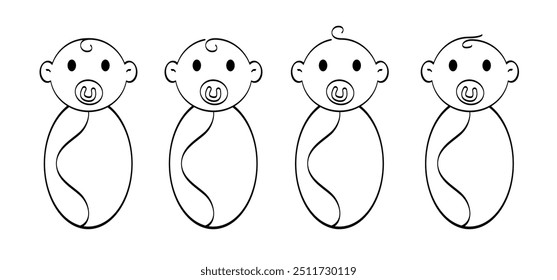 Cartoon baby face drawing. Draw happy baby and swaddling cloths or swaddling. Child's profile icon or logo. Kids and parenting themes. Boy or girl expression. Head, eyes expressions with emotions 