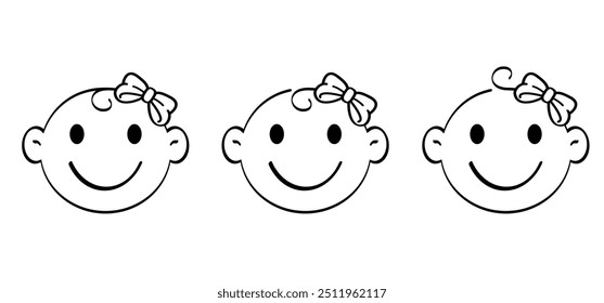 Cartoon baby face drawing. Draw happy smile baby face emblem with hair line. Child's profile icon or logo. Kids and parenting themes. Girl and hair knot or hair tie. Head, eyes expressions.