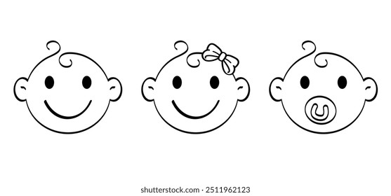 Dibujo de la cara del bebé de la historieta. Dibuje el emblema feliz de la cara del bebé de la sonrisa con la línea del pelo. Icono o logotipo del perfil del niño. Niños y temas de crianza. Expresión de niño o niña. Cabeza, ojos, expresiones con emociones 