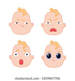 Cartoon baby face expression set. Flat infant boy kids negative ready to cry facial emotion, newborn children angry irritated offended sad icon. Vector illustration childish design isolated background