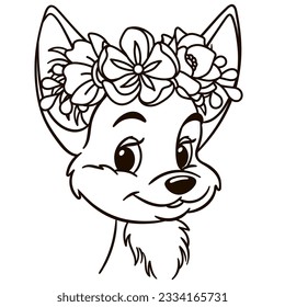 Cartoon baby fennec in floral crown. Cute baby animal nursery print