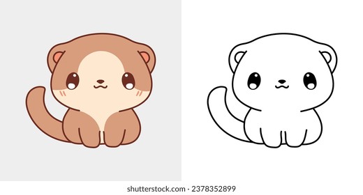 Cartoon Baby Ferret Clipart for Coloring Page and Illustration. Clip Art Isolated Baby Animal. Cute Vector Illustration of a Kawaii Animal for Prints for Clothes, Stickers, Baby Shower. 