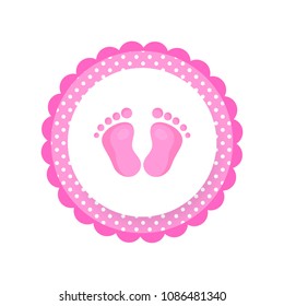 Cartoon Baby footsteps, girls footprint. Baby feet icon. Baby shower tag, sticker for shop advertising. Vector illustration isolated on white background