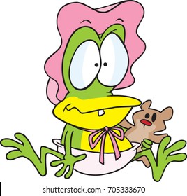 cartoon baby frog wearing a pink bonnet and diaper holding a teddy bear