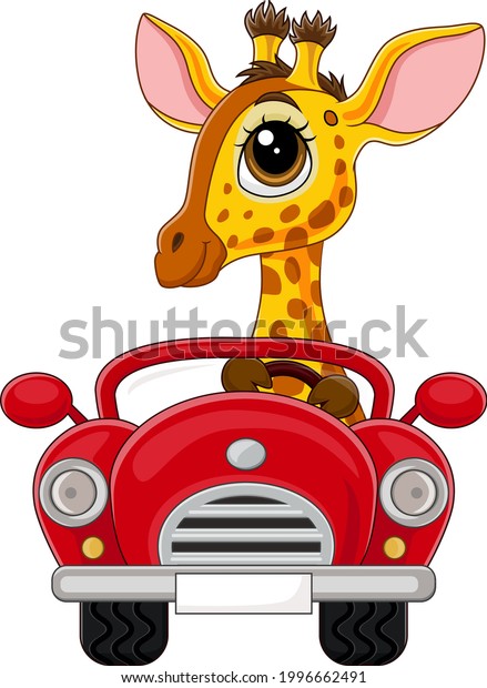 Cartoon baby giraffe driving\
red car