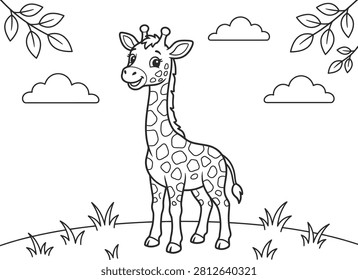 Cartoon baby giraffe standing in a grassy field with clouds and leaves animal outline