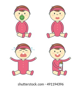 Cartoon baby girl emotion set. Newborn child or infant emoticon. Offspring or toddler with pacifier and milk bottle sitting, smiling, crying, laughing and puzzled. Flat vector illustration