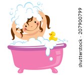Cartoon baby girl having bath in bathtub with lot of soap lather and rubber duck