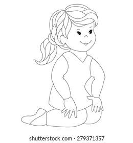 Cartoon baby girl with two hair tails in a dress sitting on the floor hands on her knees and listens and smiles. Coloring book for children.