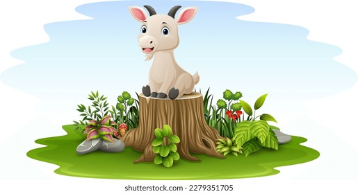 Cartoon baby goat sitting on tree stump