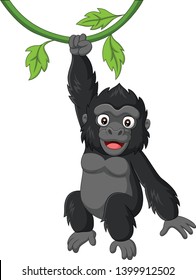 Cartoon baby gorilla hanging in tree branch