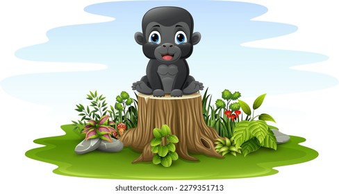 Cartoon baby gorilla sitting on tree stump