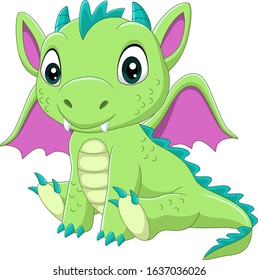 Cartoon Baby Green Dragon Sitting