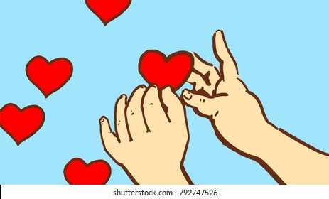 Cartoon Baby Hands And Five Little Red Hearts Isolated At Blue Background. Color Vector Sketch. Card Design.