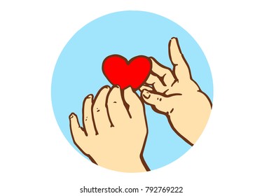Cartoon Baby Hands Holding Little Red Heart. Color Vector Sketch At Blue Circle Isolated At White Background. Card Design.