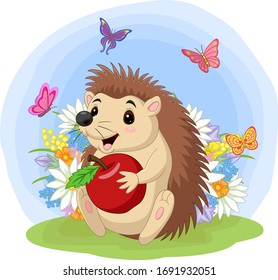 Cartoon baby hedgehog holding apple in the grass