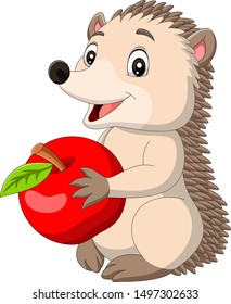 Cartoon baby hedgehog holding red apple