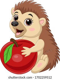 Cartoon baby hedgehog holding red apple