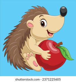 Cartoon baby hedgehog holding red apple animal character design illustration