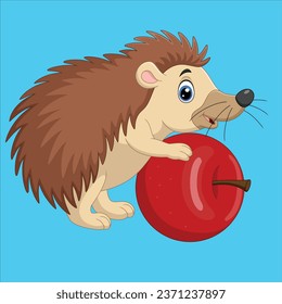 Cartoon baby hedgehog holding red apple vector design illustration