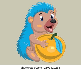 Cartoon baby hedgehog holding red apple vector illustration