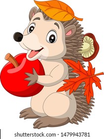 Cartoon Baby Hedgehog With Red Apple, Autumn Leaves And Mushroom