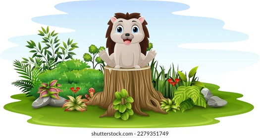 Cartoon baby hedgehog sitting on tree stump