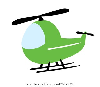Cartoon baby helicopter vector illustration. Air transportation for kids flat style over white background. Green heli funny drawing. Toy aircraft sign. 