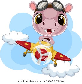 Cartoon baby hippo operating a plane